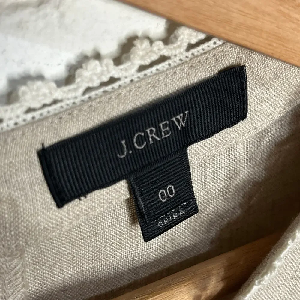 J. Crew Women's Fringe Embroidered Linen Keyhole‎ Crewneck Tan White Top Size 00